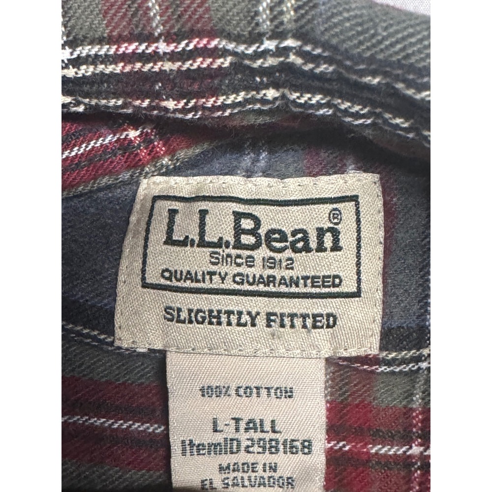 LL Bean Mens Large Tall Slightly Fitted Plaid Flannel Shirt Grey Red 298168 - Picture 4 of 7